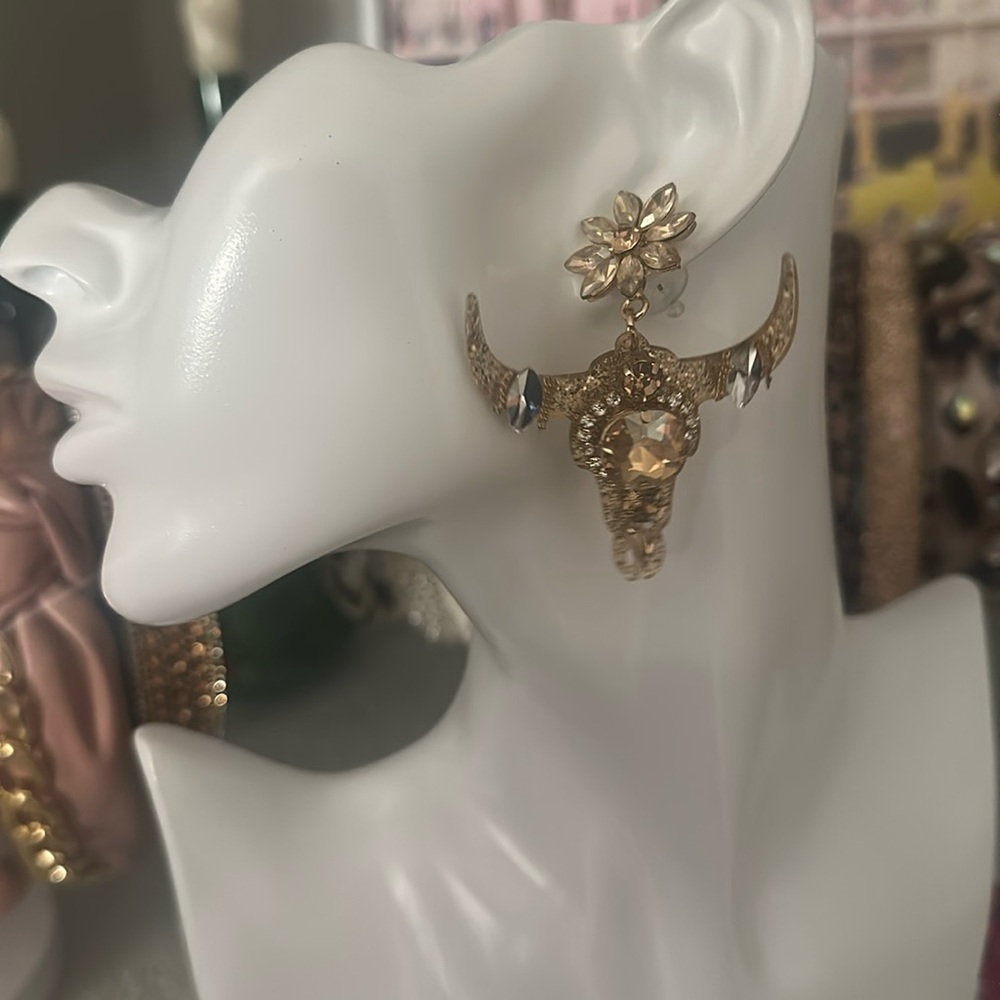 Gold Floral Bull Skull Earrings